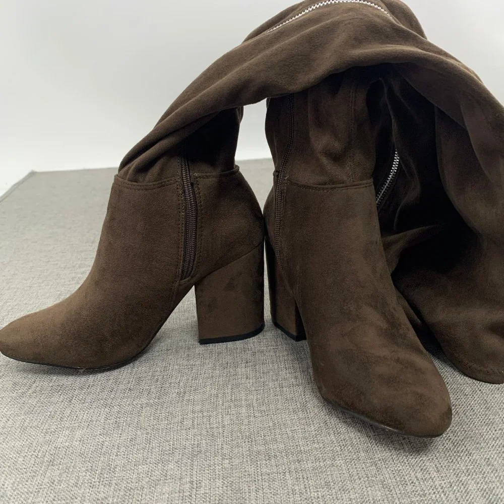 Shoe Dazzle Over The Knee Sexy Suede‎ Boots Brown Zipper Block 3.25